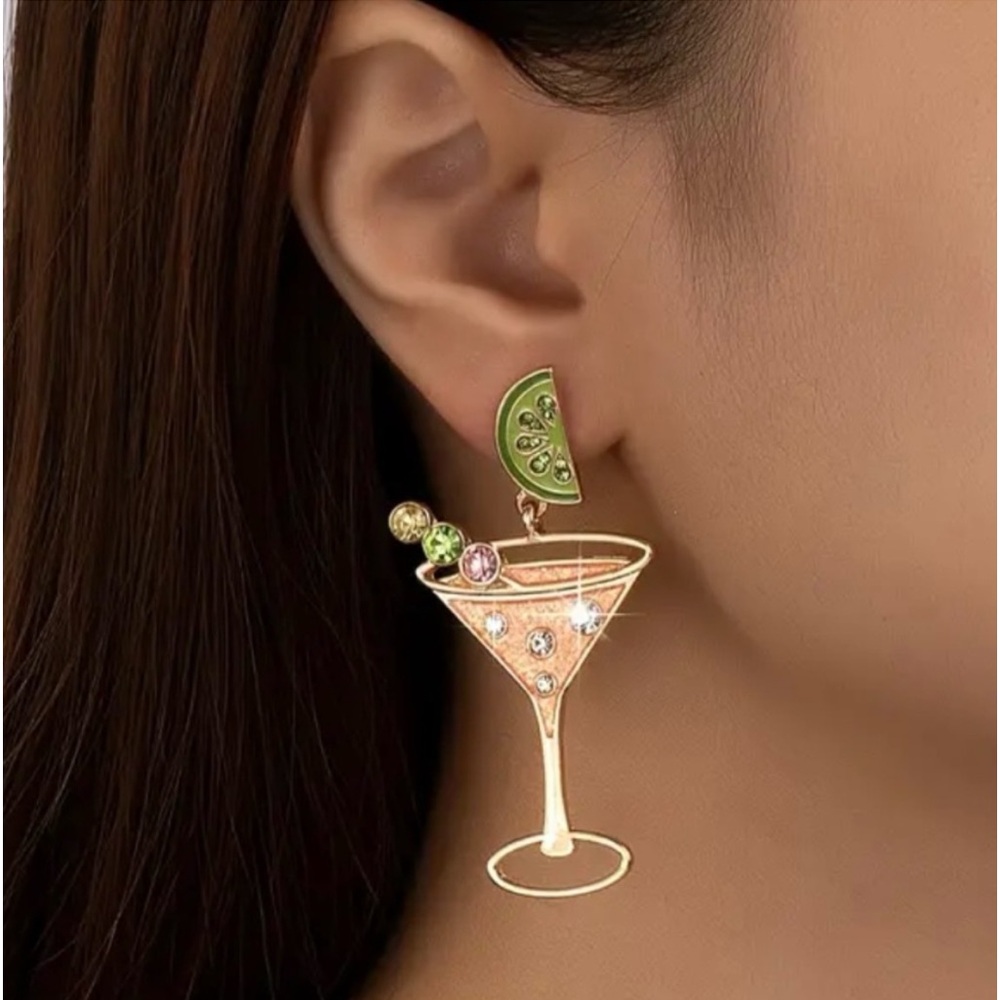 18K Gold Plated Watermelon Martini Glass Earrings-NWT